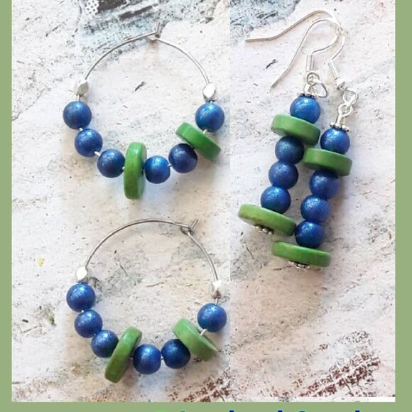Boho Earrings  417# Asymmetric BBF Blue 2PairSet SilverHooks925Stamp Bohemian Gr - Picture 1 of 6